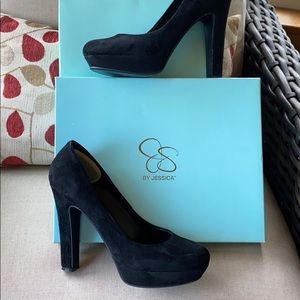 Jessica Simpson Black suede platform high heels.